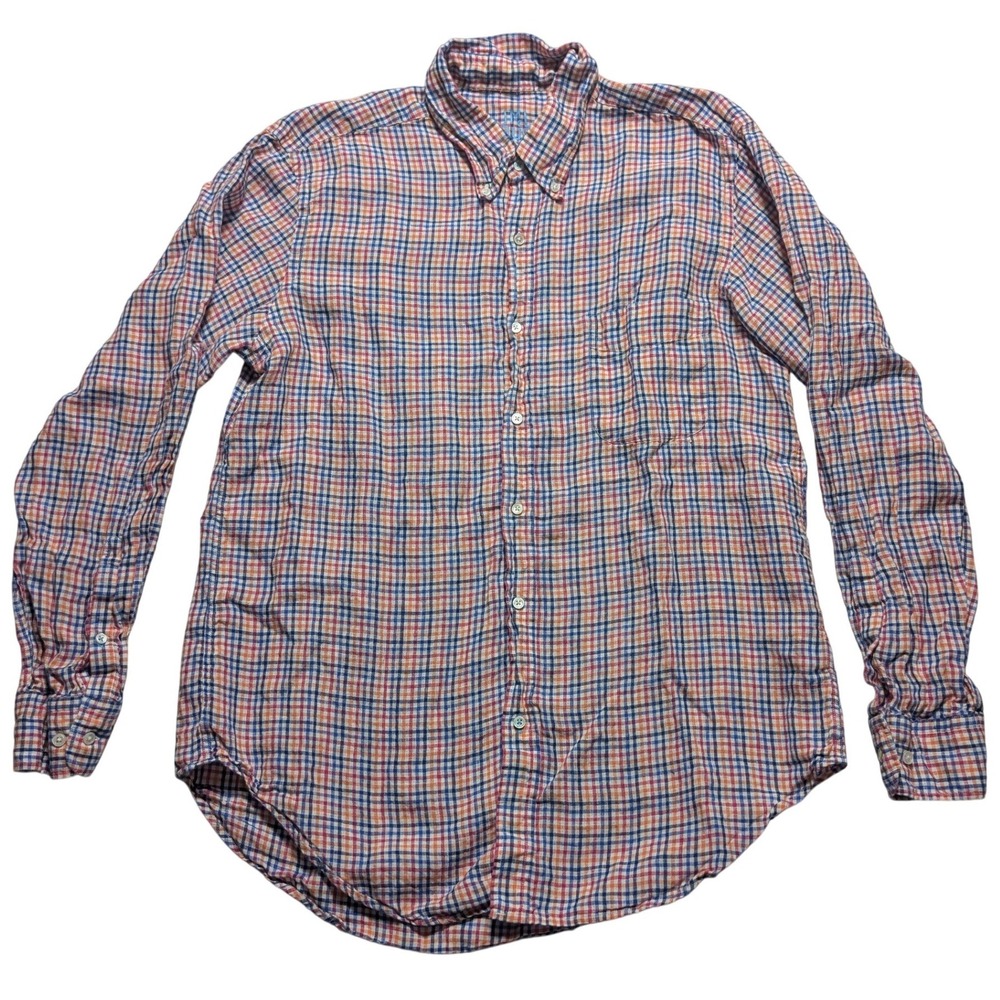 J. McLaughlin Mens Large 100% Linen Button Down Shirt Tattersall Plaid Multi